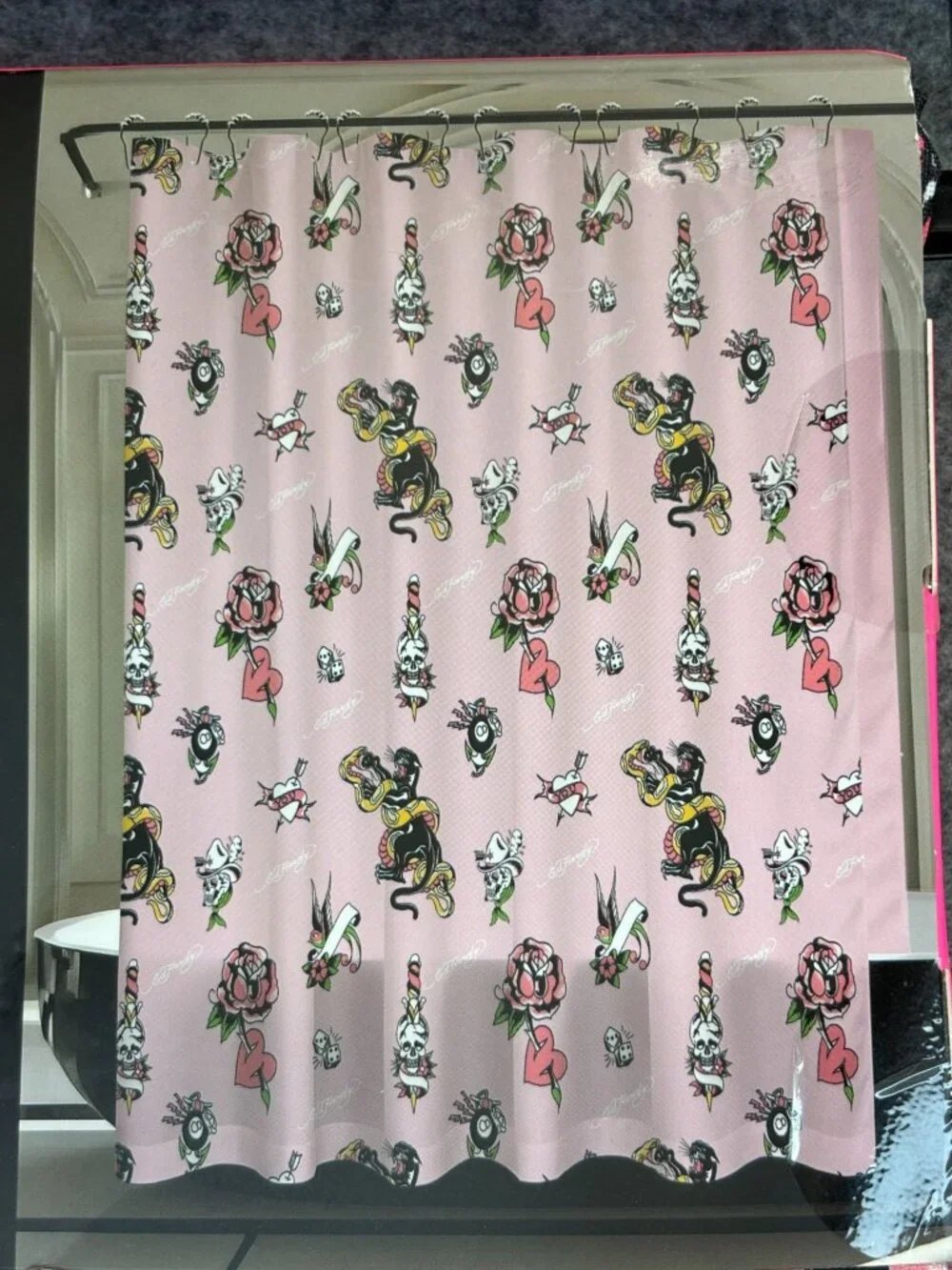 Ed Hardy Shower Curtain Set w 14 Piece w Hooks & Liner Pink Hearts Panther Snake